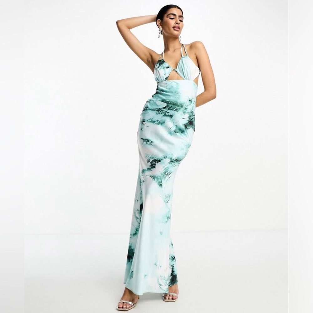 ASOS DESIGN satin cut out detail bust maxi dress in blue watercolor print | US 4